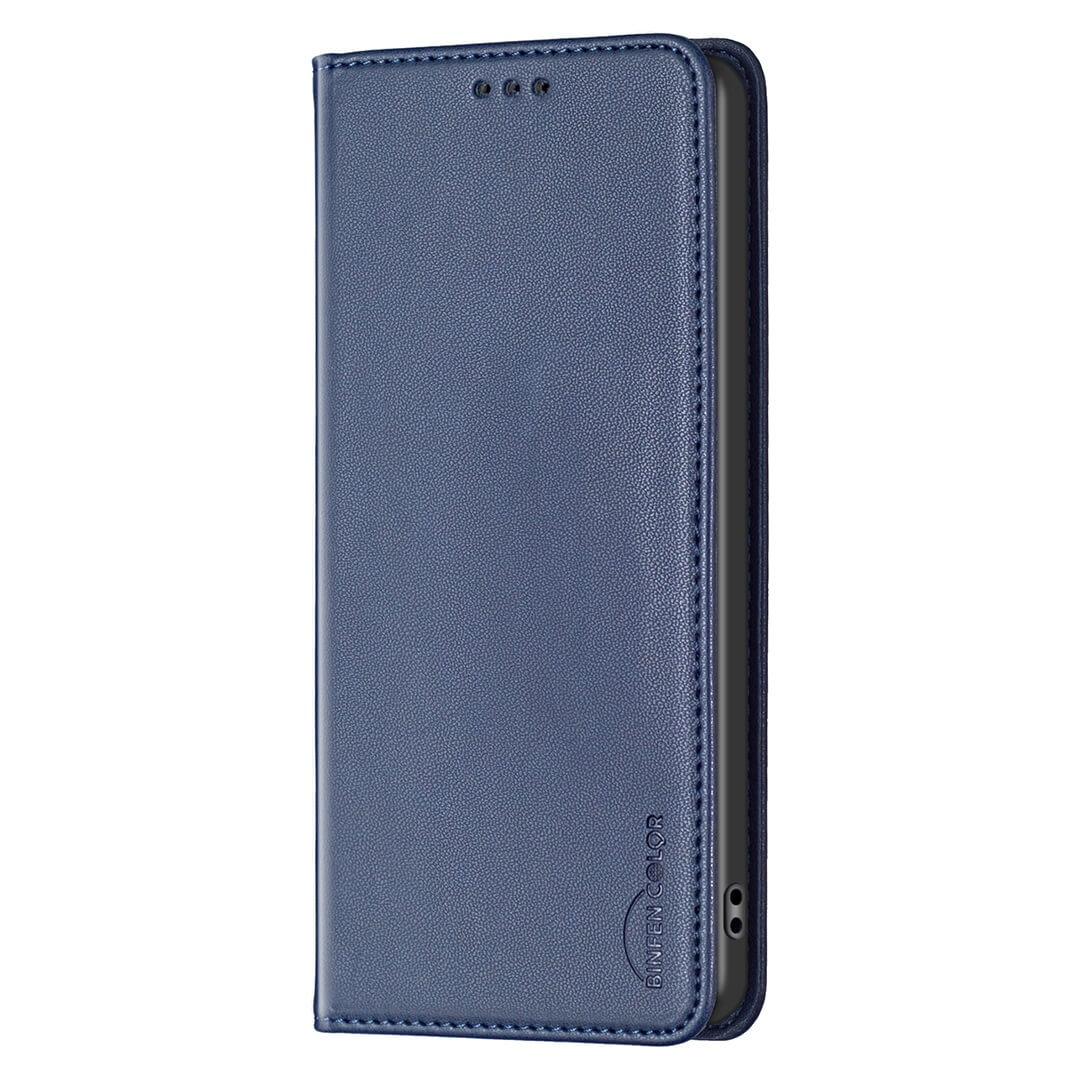 Die BINFEN Color iPhone 17 Pro Max - BINFEN Flip Case Hülle aus blauem Kunstleder mit Frontcover schützt Ihr Smartphone elegant und rundum, während das teilweise geöffnete Design einen seitlichen Blick auf Gerät ermöglicht.