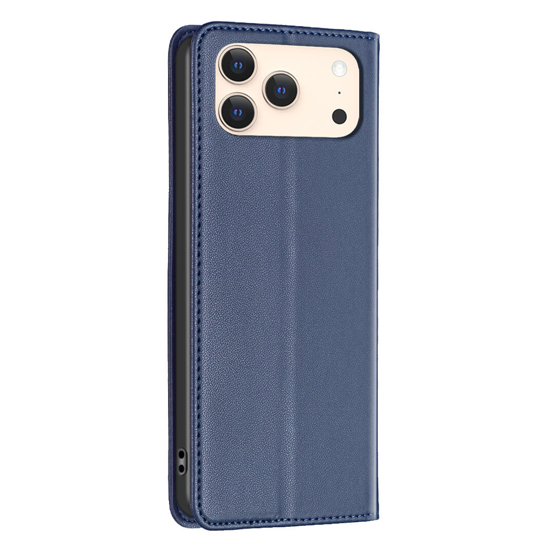 Eine blaue Kunstlederhülle von BINFEN Color, die iPhone 17 Pro Max - BINFEN Flip Case Hülle, setzt die Rückkamera und die Seite in Szene und bietet eleganten Rundum-Schutz - ideal für dein iPhone 17 Pro Max.