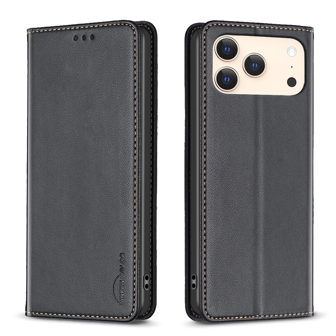 Die BINFEN Color iPhone 17 Pro Max - BINFEN Flip Case Hülle aus schwarzem Kunstleder bietet eleganten Rundum-Schutz, gesteppte Kanten, Kameraausschnitt und wird offen sowie geschlossen präsentiert.