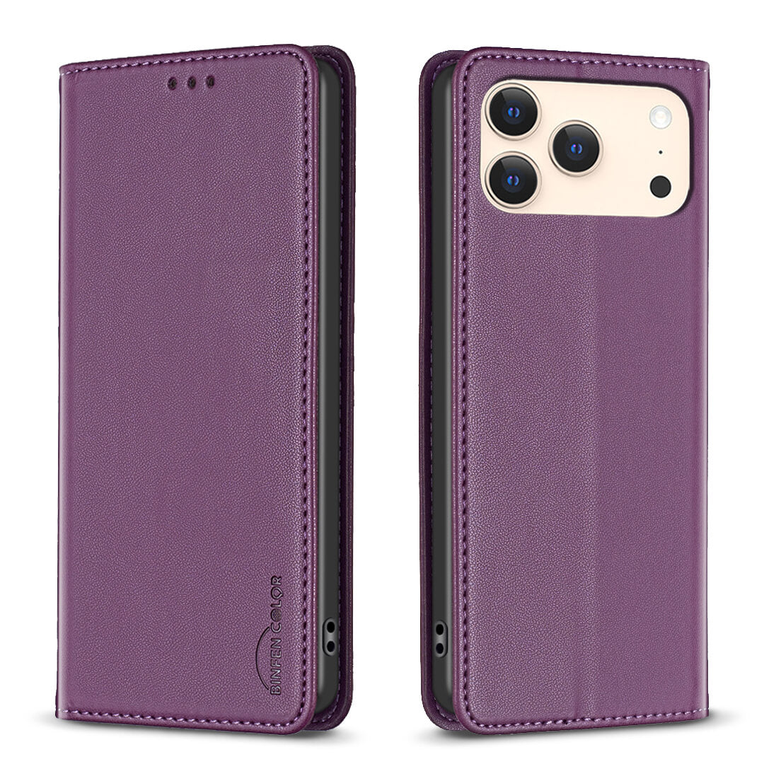 Das BINFEN Color iPhone 17 Pro Max BINFEN Flip Case Hülle in lila Kunstleder, hier von vorne und hinten geschlossen, deckt das Smartphone zum Rundum-Schutz teilweise ab.