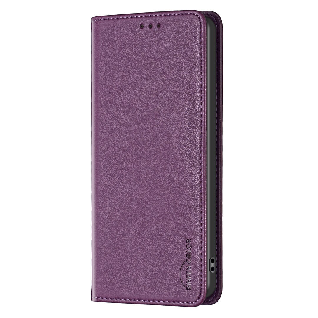 Das BINFEN Color iPhone 17 Pro Max Flip Case Hülle in lila Kunstleder steht aufrecht, ist teilweise geöffnet und gibt den Blick auf Ihr schlankes Smartphone frei - ein eleganter Schutz von BINFEN für Ihr Gerät.