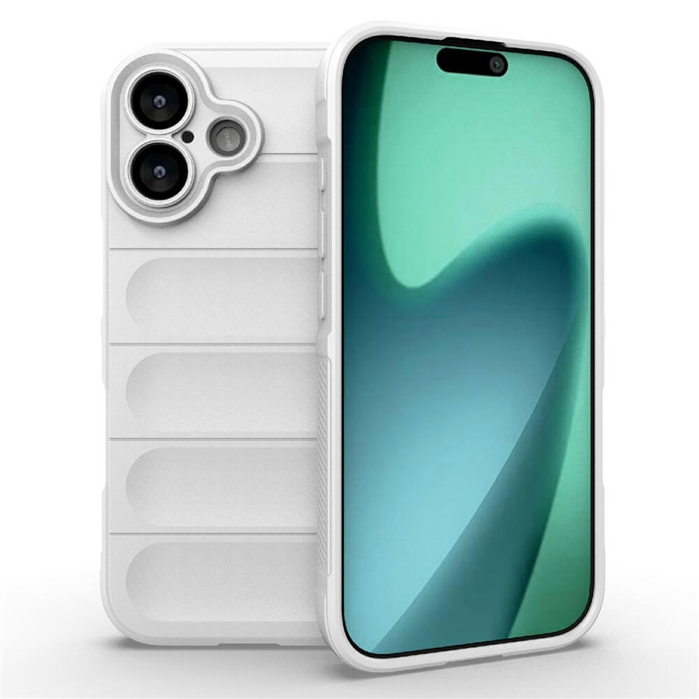 Modernes Smartphone mit blau-grünem Farbverlauf auf dem Bildschirm und weißer Schutzhülle mit dreifachem Kameramodul in Dreiecksform.