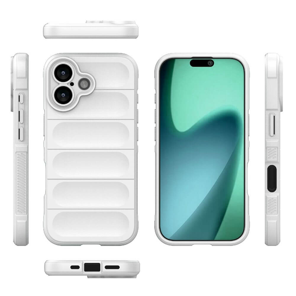 Weiße Handyhülle mit horizontalen, abgerundeten rechteckigen Erhebungen, passend für Dual-Kamera-Smartphone in allen Ansichten.