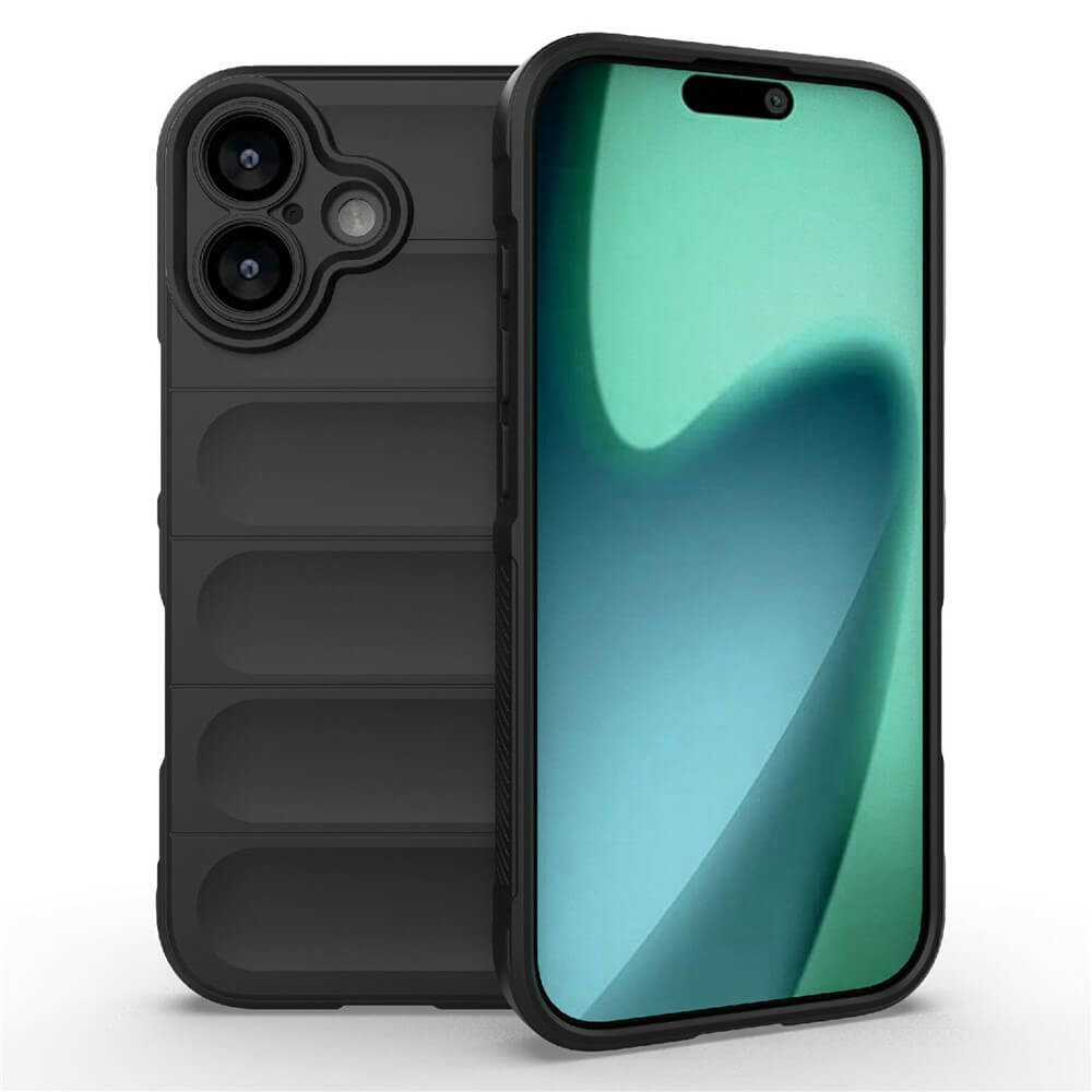 Zwei schwarze Smartphone-Hüllen mit lächelndem Kameraausschnitt, neben einem Smartphone mit Wellenhintergrund.