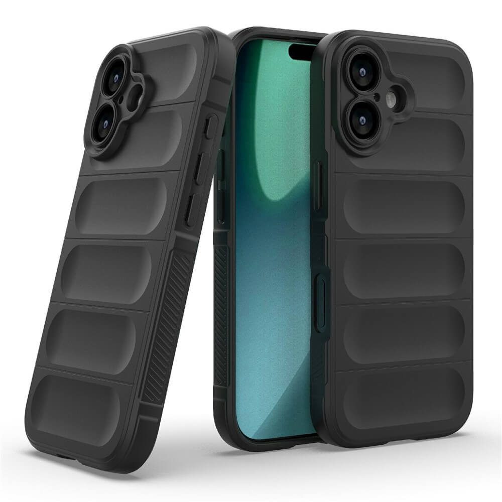Zwei robuste schwarze Handyhüllen mit segmentiertem Polsterdesign neben einem Smartphone mit Farbverlauf und Kameraausschnitt.