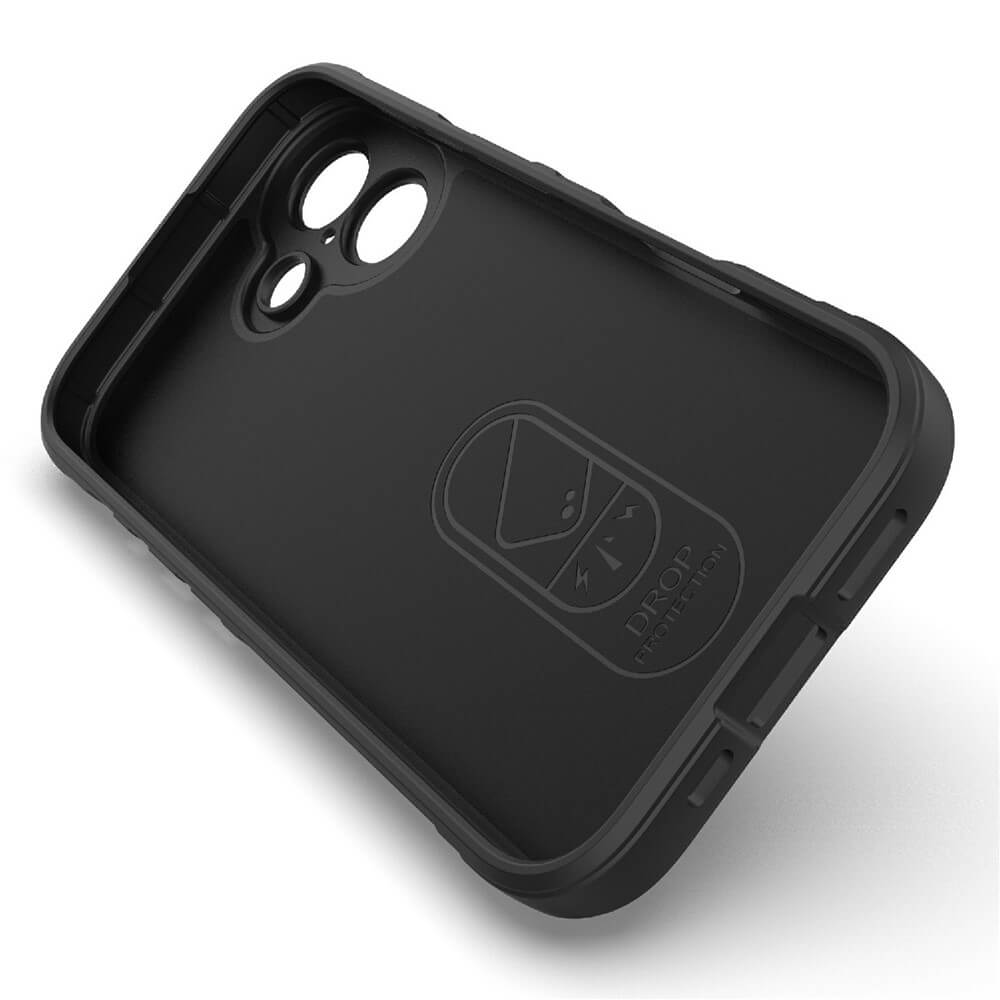 Schwarze robuste Handyhülle mit drei Kameraausschnitten und eingeprägtem "DROP PROTECTION" Schriftzug für Fallschutz.