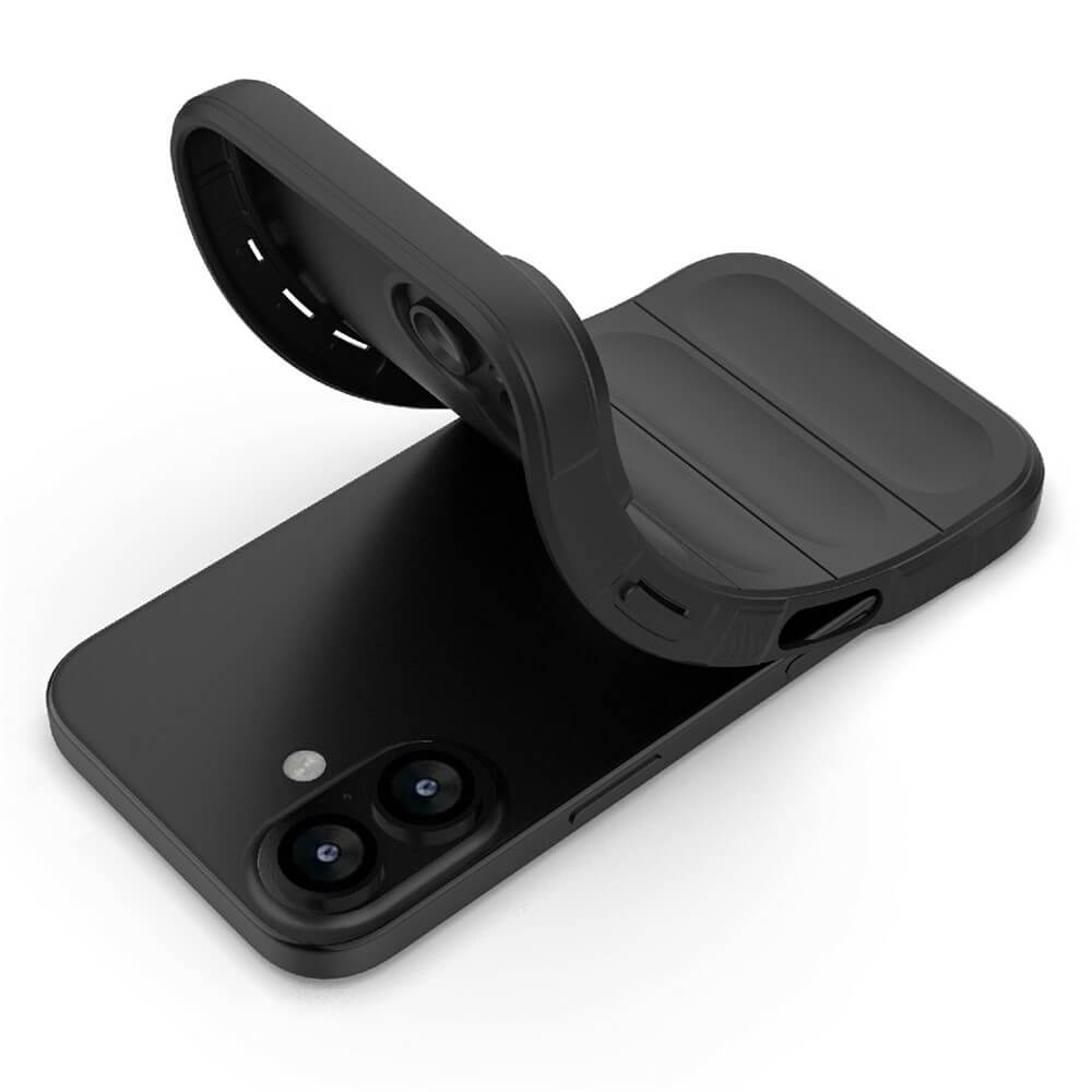 Schwarzes Smartphone mit Dual-Kamera und aufgeklapptem Klappetui auf weißem Hintergrund.