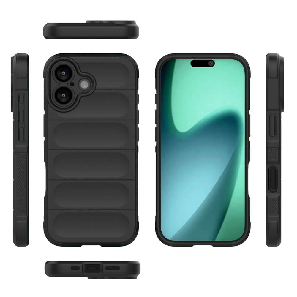 Schwarze robuste Smartphone-Hülle mit Griffdetailansicht, zeigt Schutz aus allen Blickwinkeln und passendem grün-blauem Display.