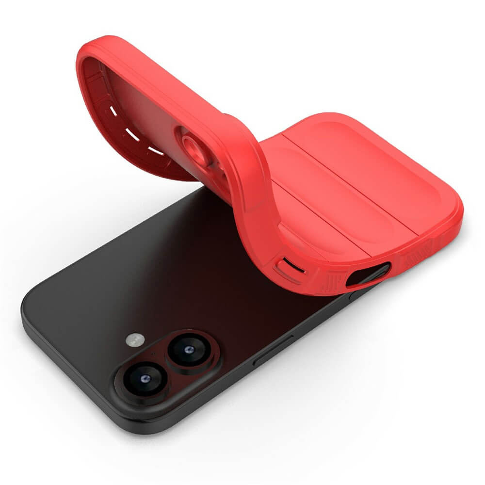Schwarzes Smartphone mit Dual-Kamera, daneben ein rotes robustes Schutz-Case mit präzisen Aussparungen.