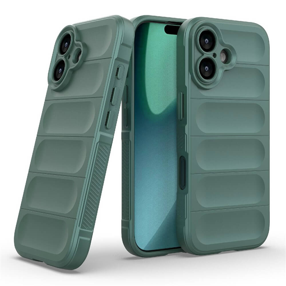 Drei grüne Handyhüllen mit segmentiertem Design und Kameraausschnitten, stilvoller und robuster Schutz für Smartphones.