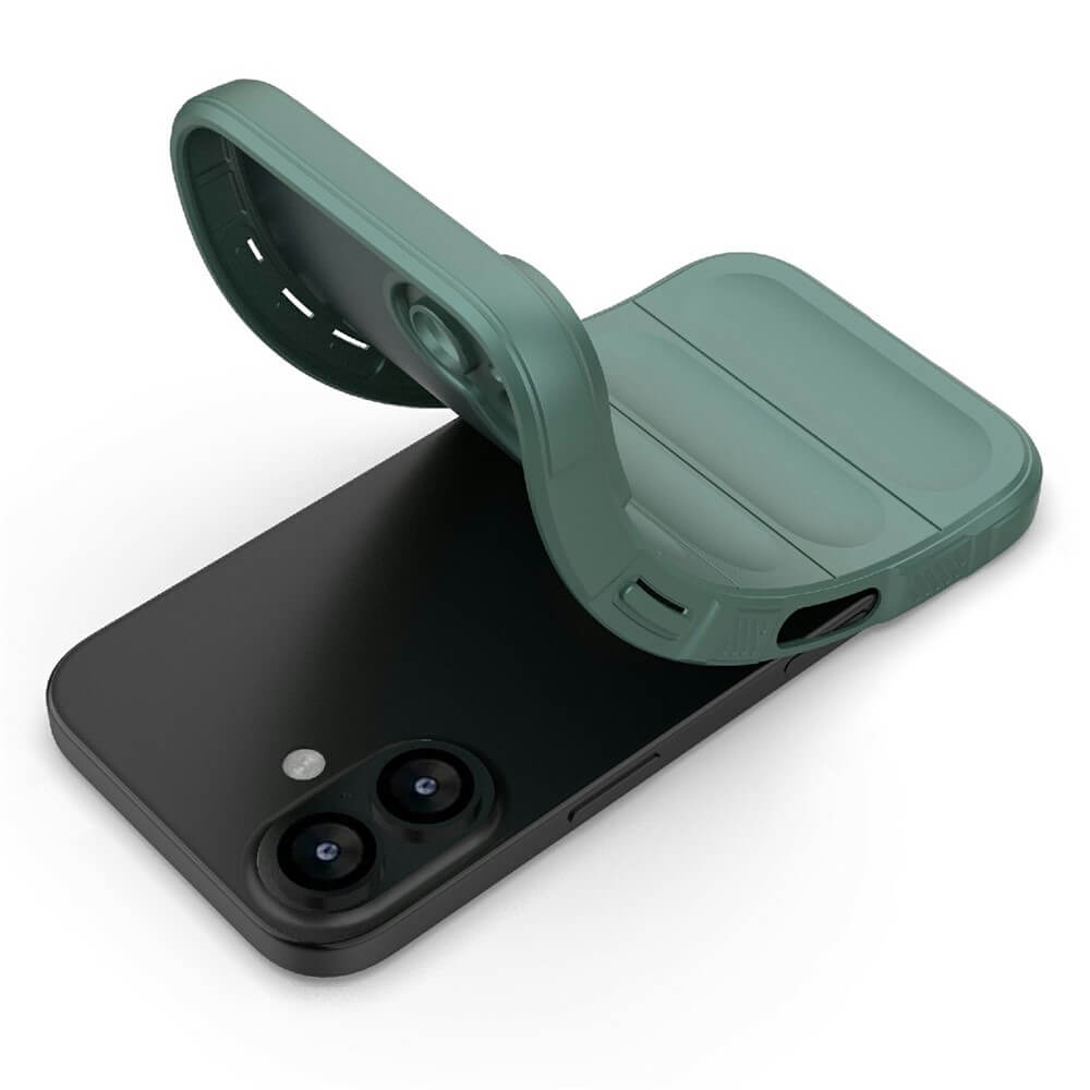 Schwarzes Smartphone mit Dual-Kamera, grünes faltbares Schutzgehäuse in perfekter Passform für Kamera und Tasten.