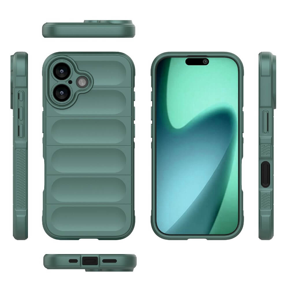 Grüne Smartphone-Hülle mit strukturiertem Design und Kameraausschnitt, aus verschiedenen Perspektiven gezeigt.
