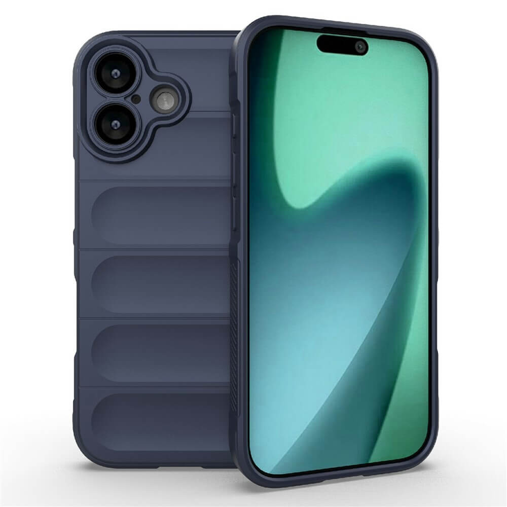 Smartphone mit robustem, marineblauem Schutzcase, zweifacher Kamera und Farbverlauf auf der Vorderseite.