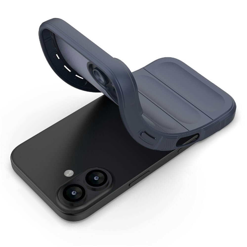 Schwarzes Smartphone mit Dual-Kamera und dunkelgrauer, teilweise geöffneter Schutzhülle mit Innenfutter.