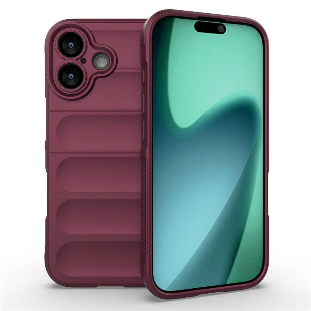 Modernes Smartphone mit dunkelrotem Schutzcase und blau-grünem Farbverlauf auf dem Bildschirm, Vorder- und Rückansicht.