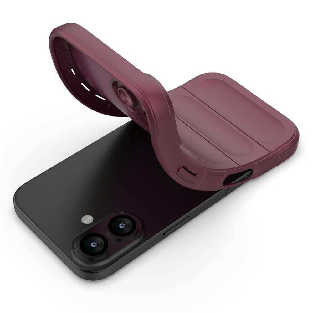 Elegantes schwarzes Smartphone mit Dual-Kamera und aufklappbarer, violetter Schutzhülle auf weißem Hintergrund.