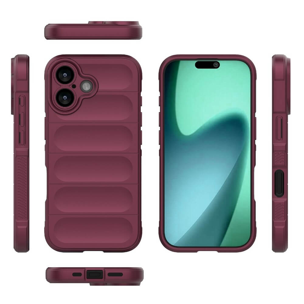 Burgunderrotes, gepolstertes Smartphone-Cover mit segmentiertem Design und präzisen Ausschnitten für Schutz und Zugriff.