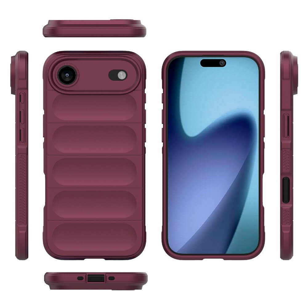Smartphone in dunkelroter Schutzhülle mit Farbverlauf auf dem Display, geriffeltem Rückendesign und schlankem Profil.