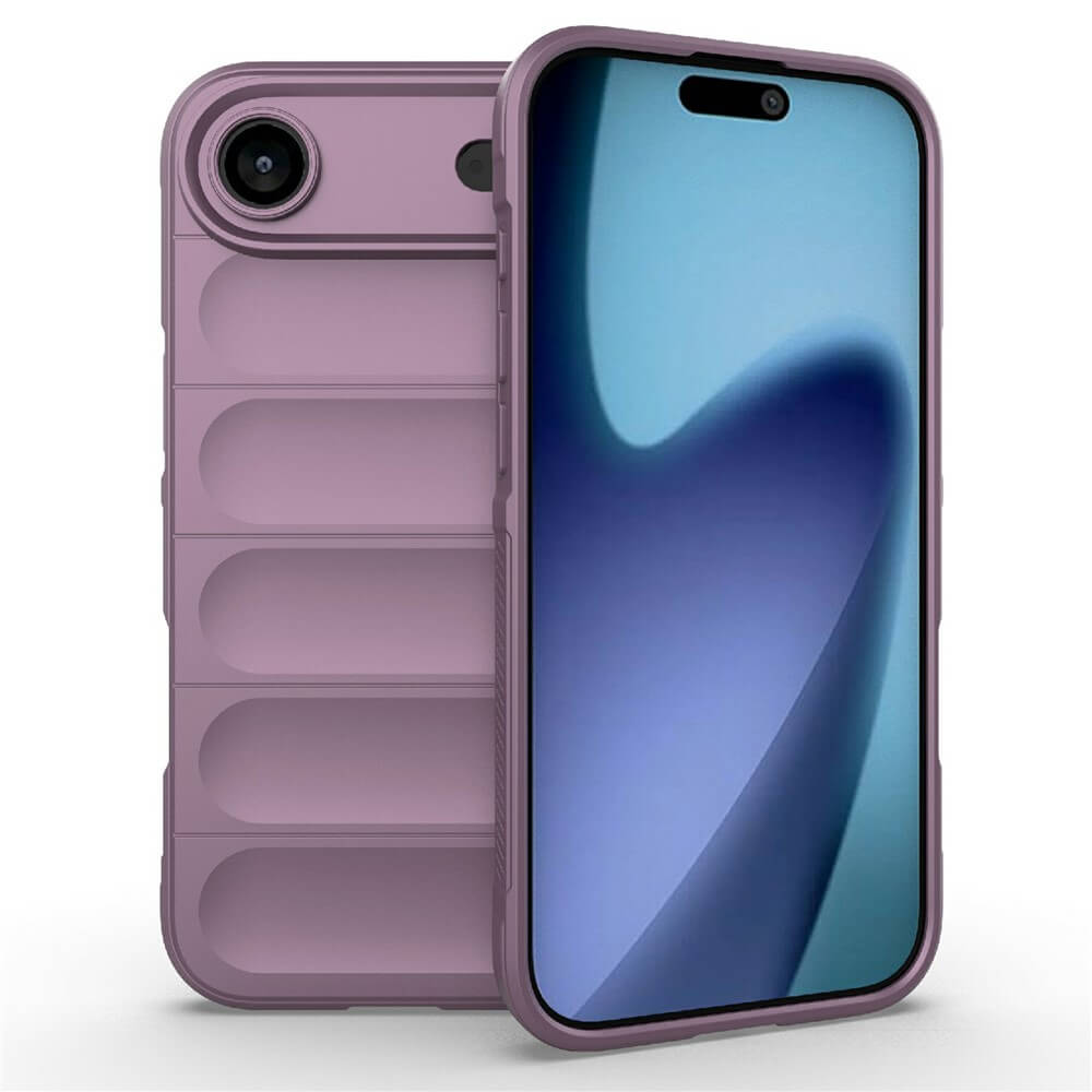 Zwei Smartphones mit violetten Hüllen, eines mit blauem Bildschirm und Frontkamera, das andere mit großer Kameralinse.