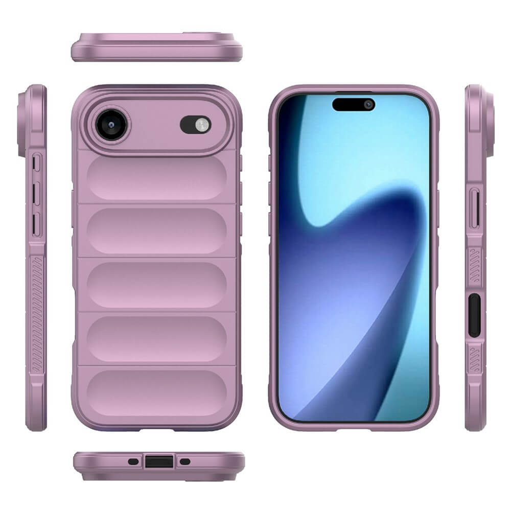 Lila gepolsterte Handyhülle mit horizontalen Erhebungen und Kameraschutz, gezeigt mit Smartphone und blau-violettem Bildschirm.