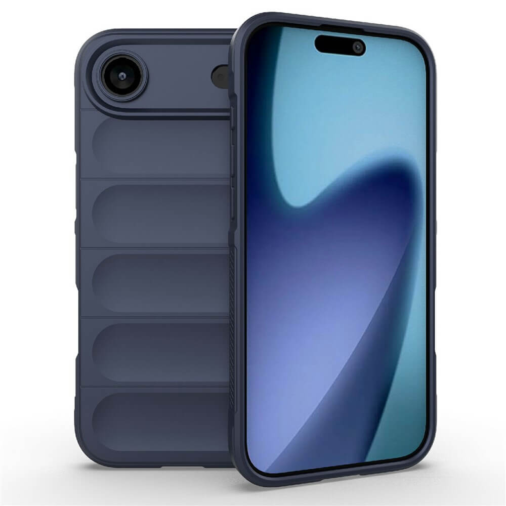 Dunkelblaue Smartphone-Schutzhülle zeigt Vorder- und Rückseite mit Kamera und abstraktem Bildschirmhintergrund.