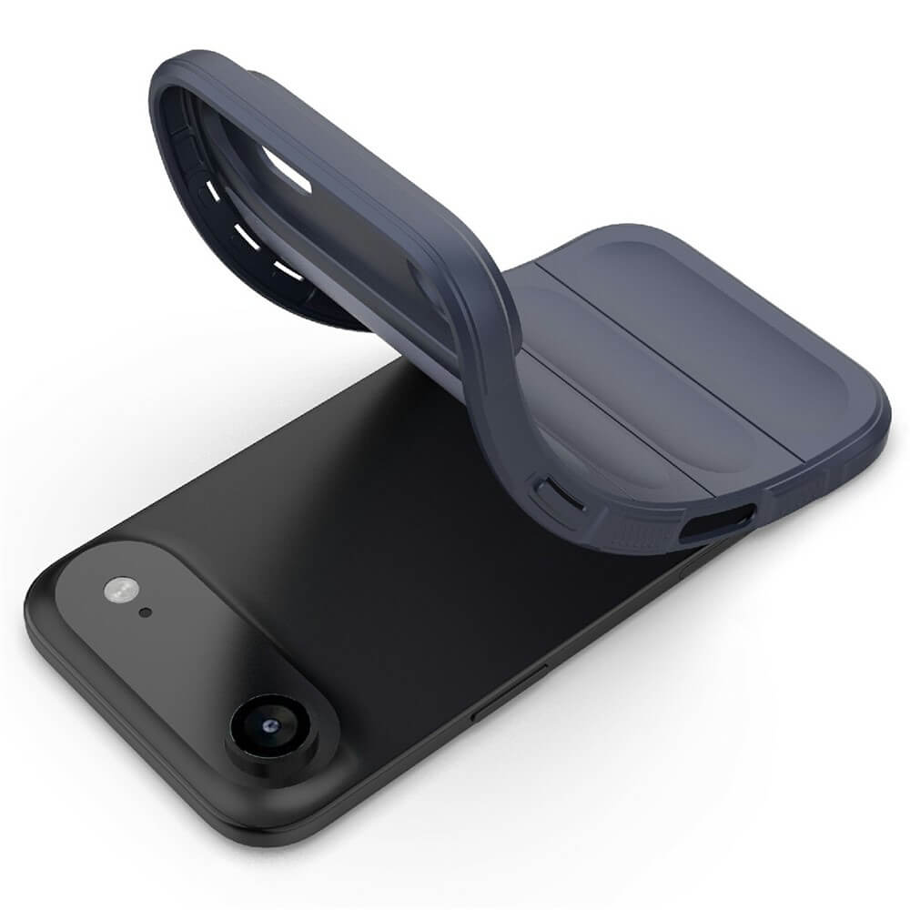 Schwarzes Smartphone mit Rückkamera, flexible dunkelgraue Hülle mit Aussparungen für Tasten und Kamera.