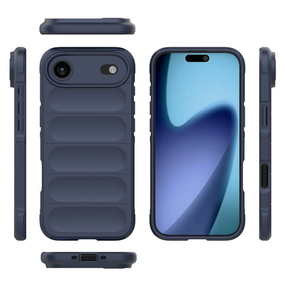 Dunkelblaues Smartphone-Case mit strukturierter Oberfläche und Kamerafreistellung, aus verschiedenen Blickwinkeln.