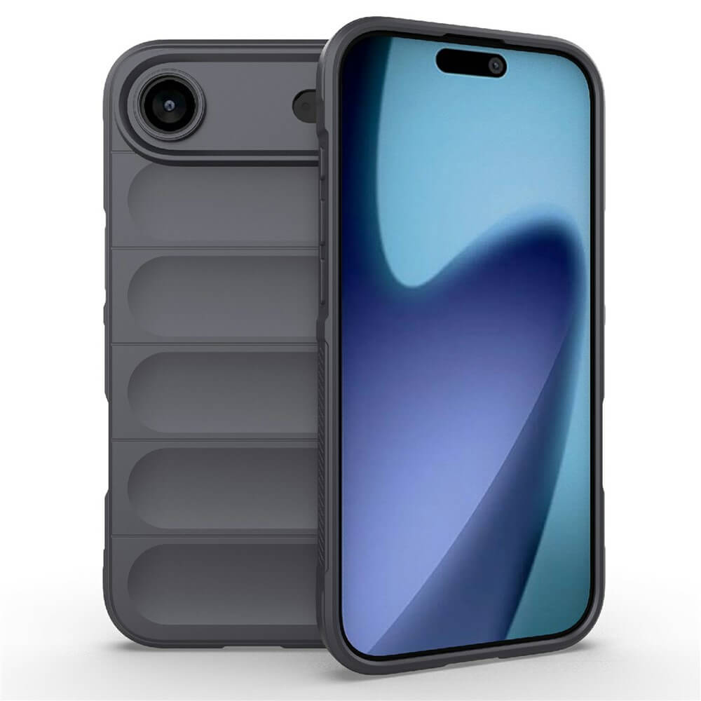Moderndes Smartphone mit grauer Schutzhülle und blau-lila Hintergrund, Vorder- und Rückseite sichtbar.