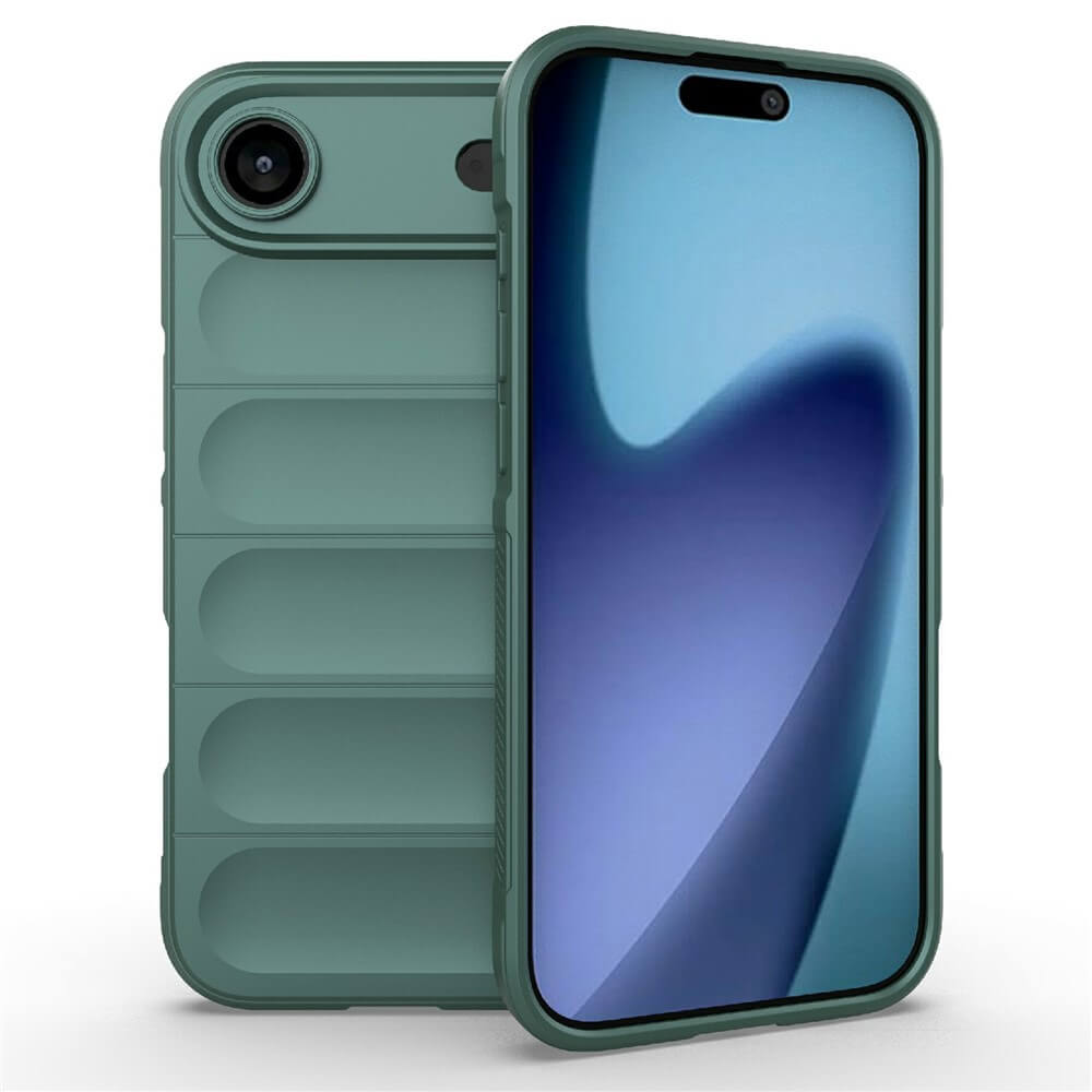 Grünes Smartphone mit passender Schutzhülle, Display in Blau-Schwarz, Rückseite mit Einzelkamera auf weißem Hintergrund.
