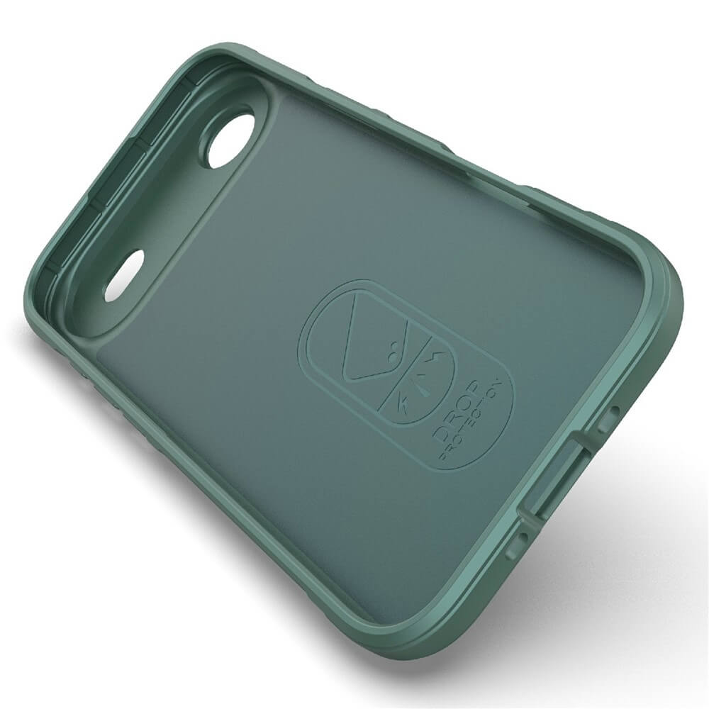 Grüne DROP PROTECTOR Silikon-Handyhülle mit Kameraschnittstellen, robust und stoßdämpfend für optimalen Schutz.