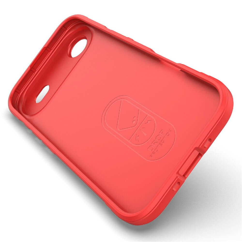Elegante rote DROP-Schutzhülle für Telefon mit präzisen Aussparungen für Kamera und Tasten.