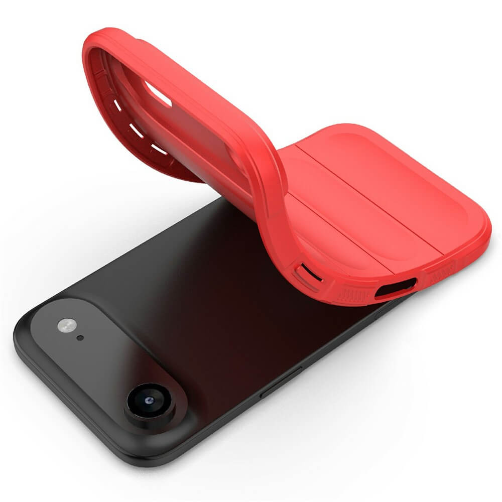 Schwarzes Smartphone auf weißem Untergrund mit roter Klapphülle, passend für Kamera und Tasten.