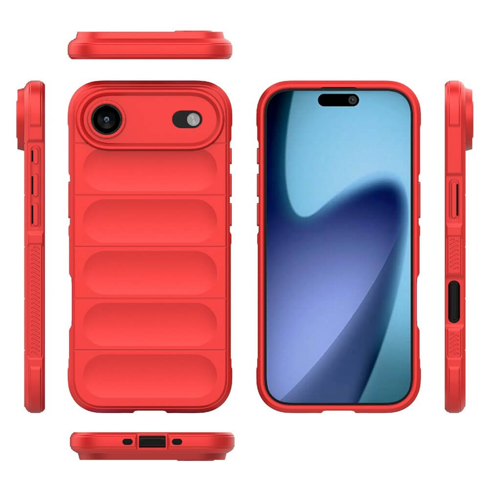 Rotes Smartphone-Case mit gepolstertem, gestreiftem Rückenteil und Kameraaussparung, aus verschiedenen Blickwinkeln gezeigt.