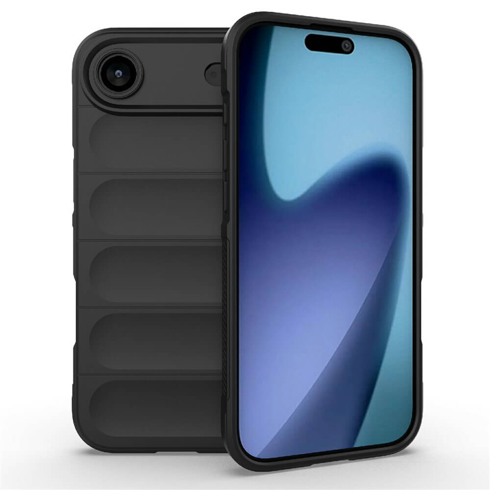 Modernes Smartphone in schwarzer Schutzhülle vor blau-violettem Hintergrund, daneben gepolsterte schwarze Hülle.