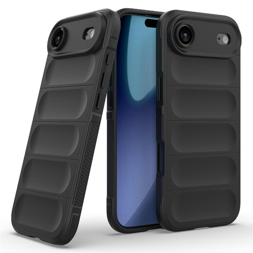 Zwei robuste schwarze Smartphone-Hüllen mit gepolstertem Design und Kameraausschnitt, eine mit blauem Display eingesetzt.