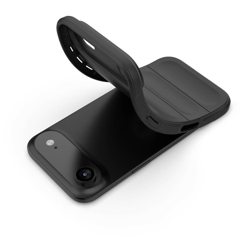 Schwarzes modernes Smartphone mit großem Kameramodul und geöffnetem, faltbarem Schutzcover auf weißem Hintergrund.