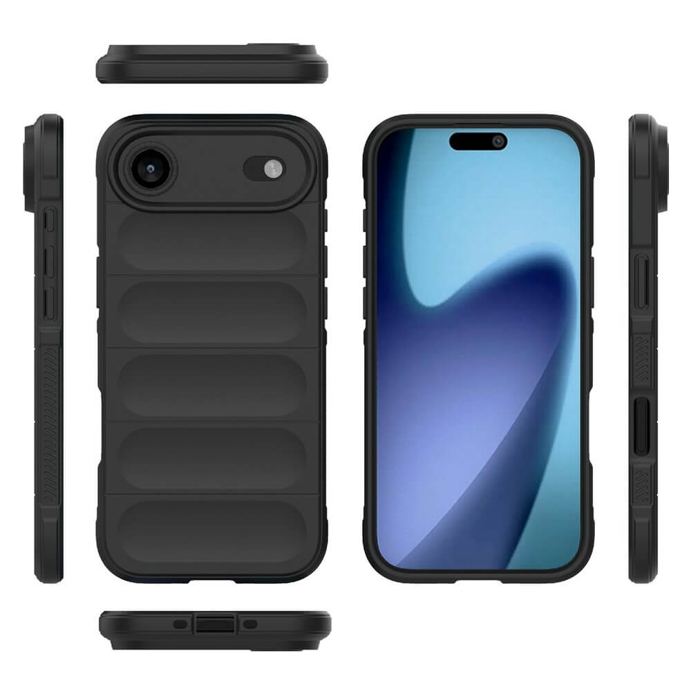 Schwarze Smartphone-Hülle mit mattem Finish und erhöhten horizontalen Abschnitten, von mehreren Seiten gezeigt, inklusive eingesetztem Smartphone mit blau-violettem Display.