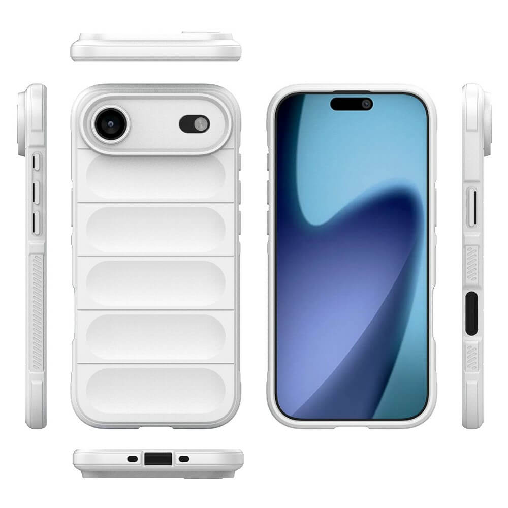 Weißes Smartphone-Case mit rechteckigen Pads, dualen Kameraausschnitten und abgerundeten Kanten.