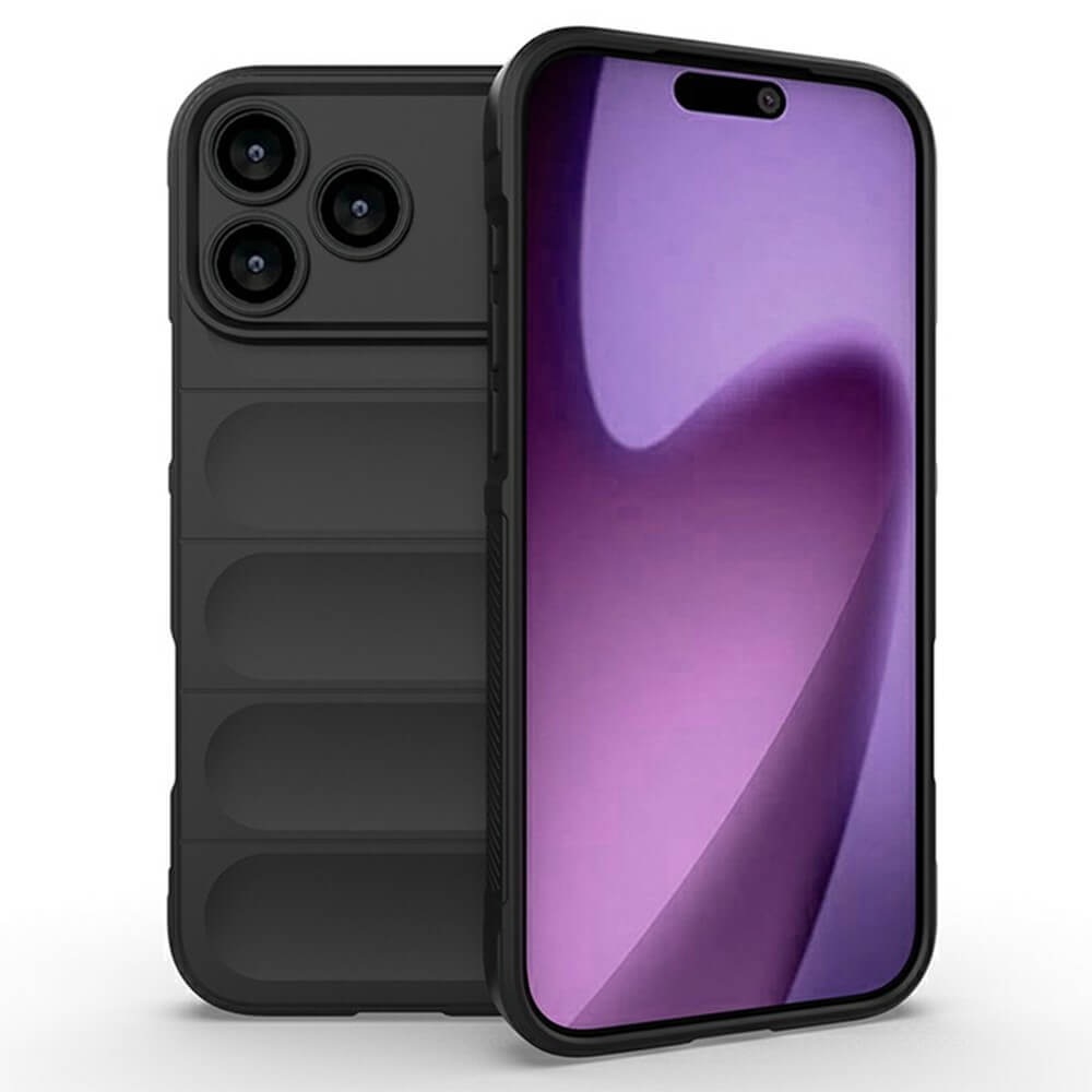 Modernes Smartphone mit schwarzem, griffigem Schutzetui und dreifacher Kamera vor weißem Hintergrund.