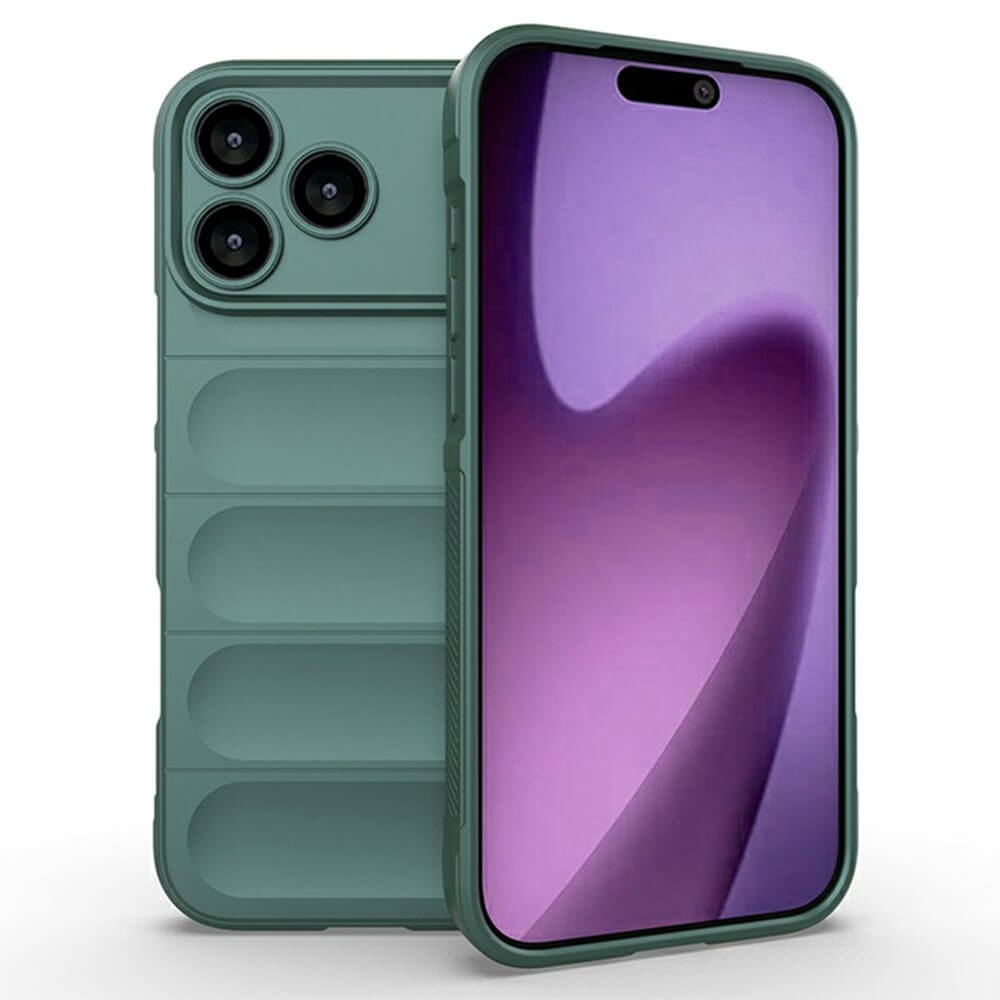 Zwei grüne Smartphone-Hüllen für Dreifach-Kamera, mit strukturierter Oberfläche, Vorder- und Rückansicht