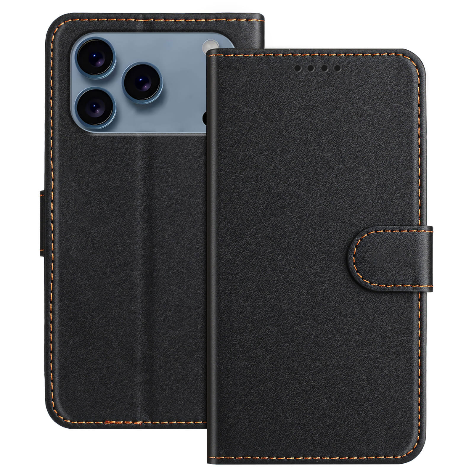 #farbe_schwarz|Die Cover-Discount iPhone 17 Pro Max - Elegante Ledertasche aus schwarzem Leder mit braunen Nähten verfügt über einen Kameraausschnitt, einen Magnetverschluss und praktische Kartenfächer; offen und geschlossen dargestellt.