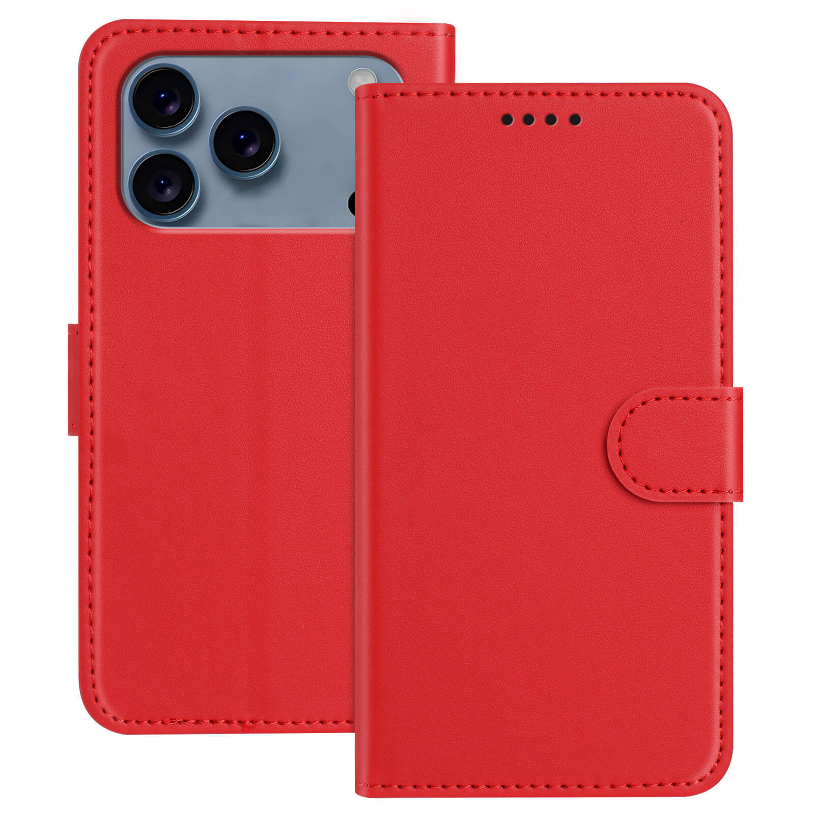Die Cover-Discount iPhone 17 Pro Max - Elegante Ledertasche in Rot bietet Standfunktion, Magnetverschluss und Kartenfächer; offen und geschlossen präsentiert, sind die drei Kameralinsen des iPhones klar sichtbar.