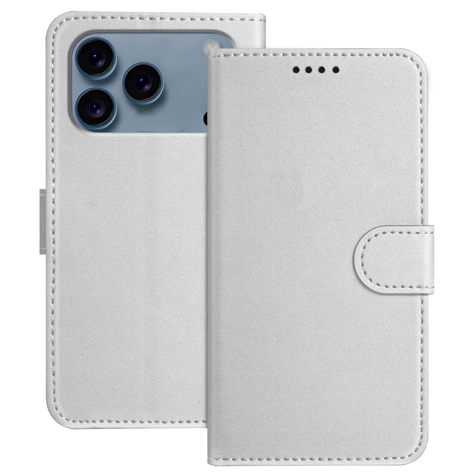 The Cover-Discount iPhone 17 Pro Max - Elegante Ledertasche in Weiß, mit Kartenfächern und sichtbaren vier Kameraausschnitten, bietet stilvollen Schutz und Funktionalität für Ihr Gerät - gezeigt geschlossen und teilweise geöffnet.