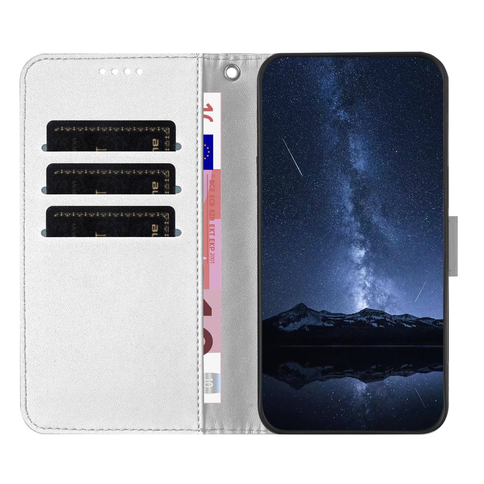 Das iPhone 17 Pro Max in der Eleganten Ledertasche von Cover-Discount zeigt einen Sternenhimmel auf dem Display, während Karten und Bargeld ordentlich in den Fächern verstaut sind.