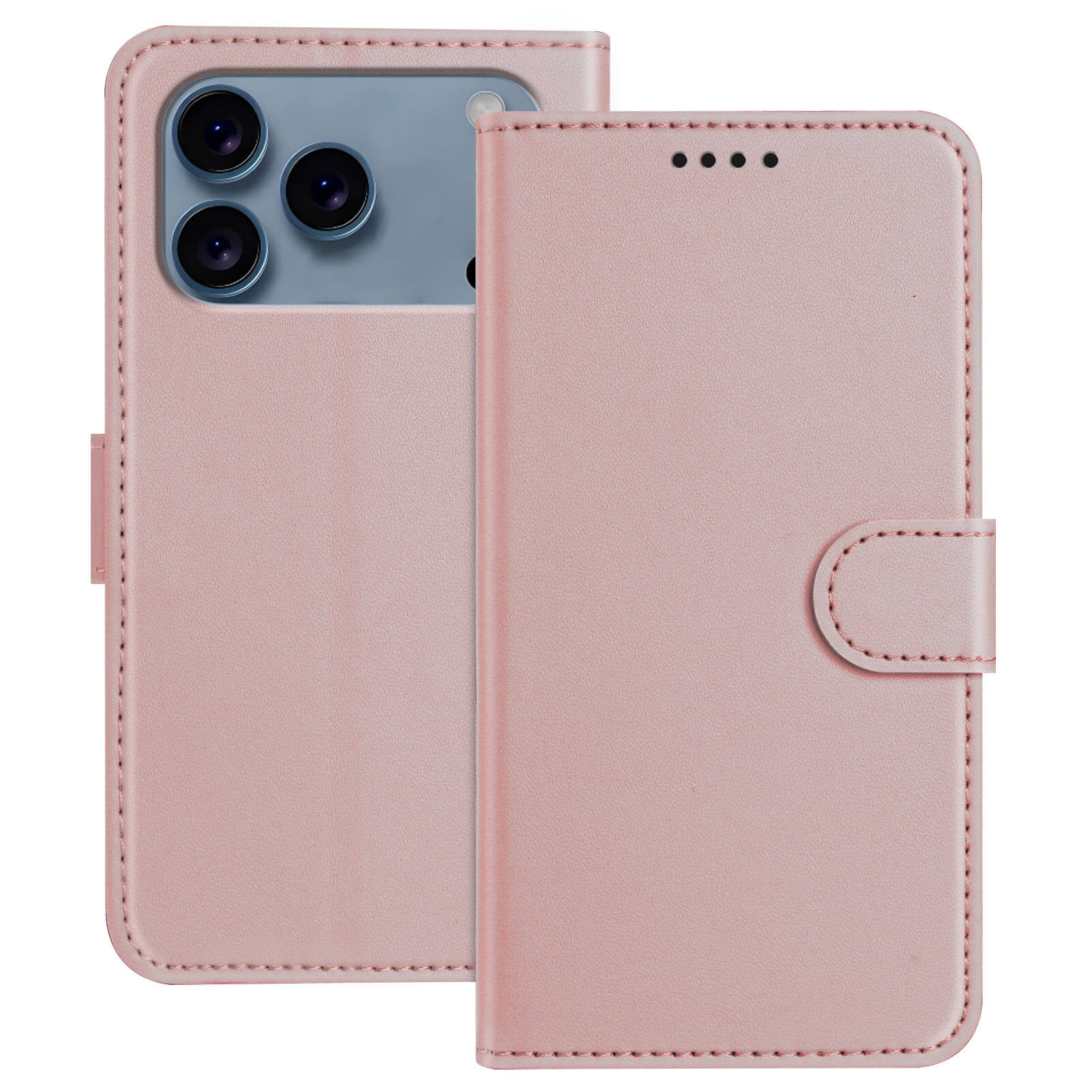 Die Cover-Discount iPhone 17 Pro Max - Elegante Ledertasche in Pink mit einem Verschluss, dargestellt von vorne und hinten.