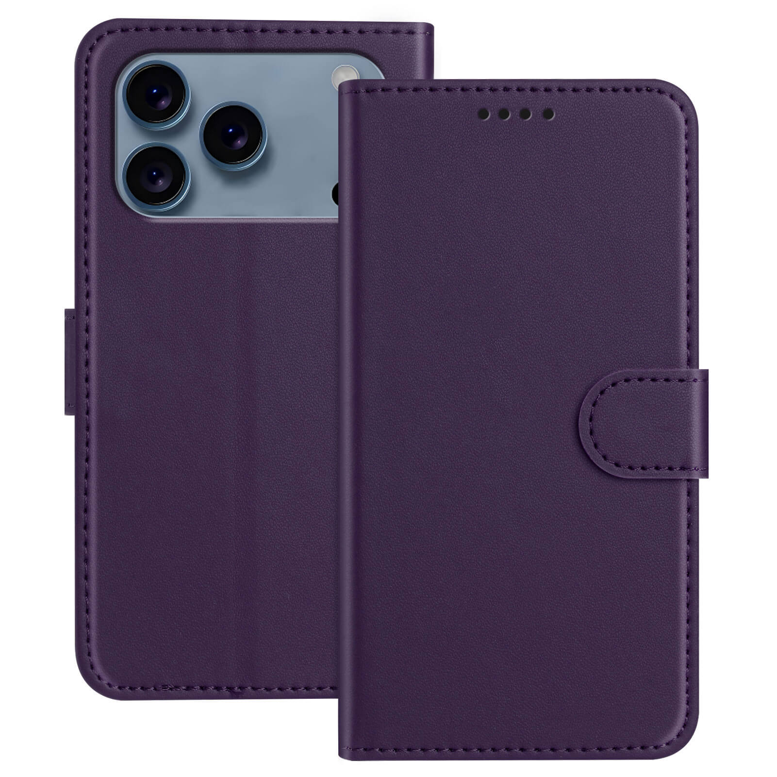 Die offen und geschlossen gezeigte Cover-Discount iPhone 17 Pro Max - Elegante Ledertasche in Lila deckt ein Smartphone mit Dreifach-Kamera ab und verfügt über praktische Kartenfächer plus Standfunktion für mehr Komfort.