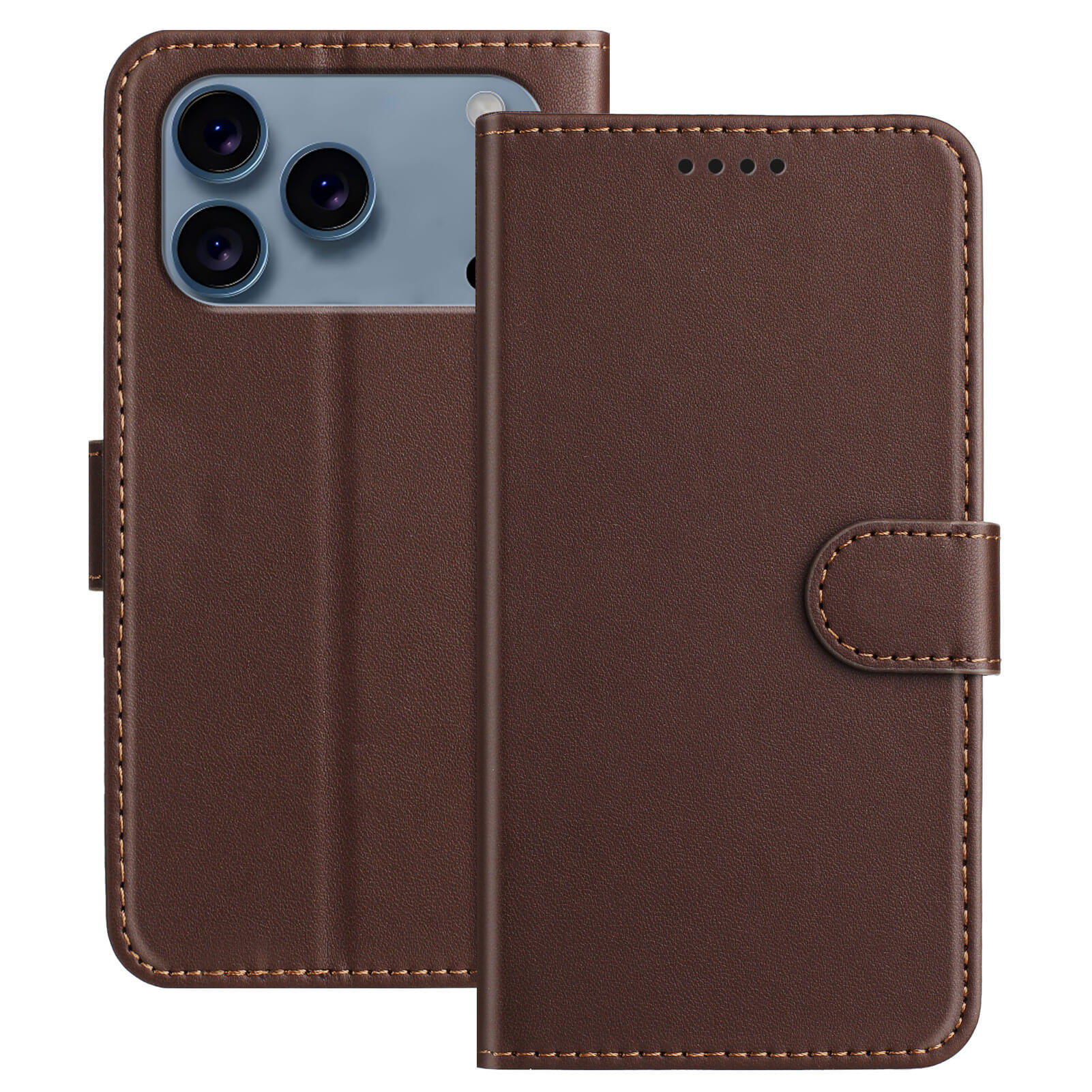 Cover-Discount's iPhone 17 Pro Max - Elegante Ledertasche aus braunem Leder mit Frontklappe, die offen und geschlossen gezeigt wird, um Kameraausschnitte zu zeigen. Diese Tasche bietet eine Standfunktion und praktische Kartenfächer für mehr Komfort.