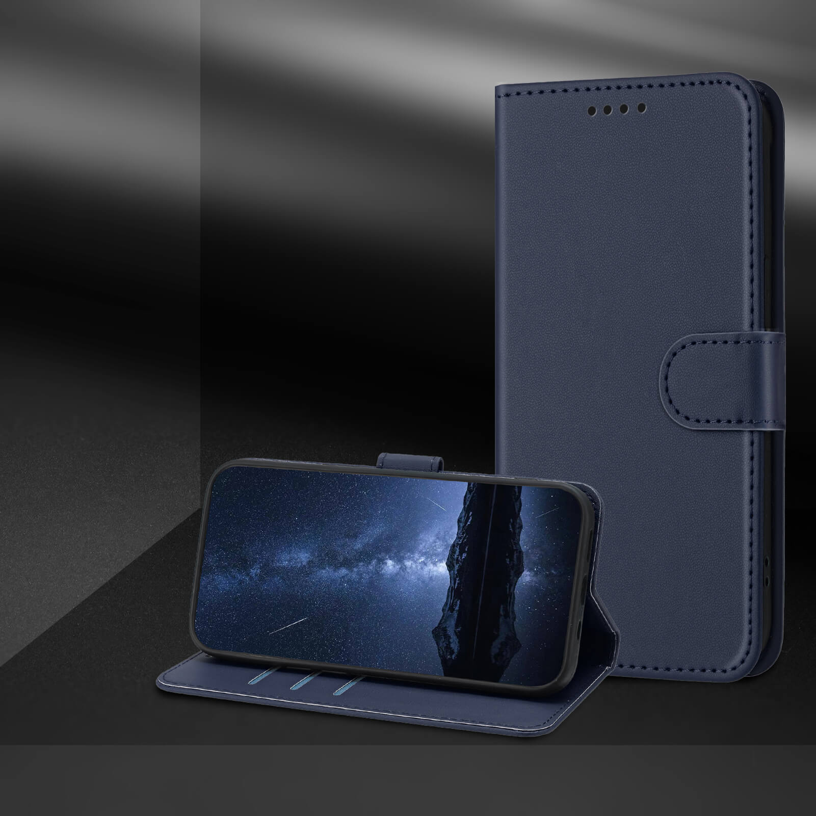 Das iPhone 17 Pro Max in der eleganten Ledertasche von Cover-Discount steht aufrecht in seiner blauen Hülle mit Standfunktion und zeigt einen sternenklaren Nachthimmel.