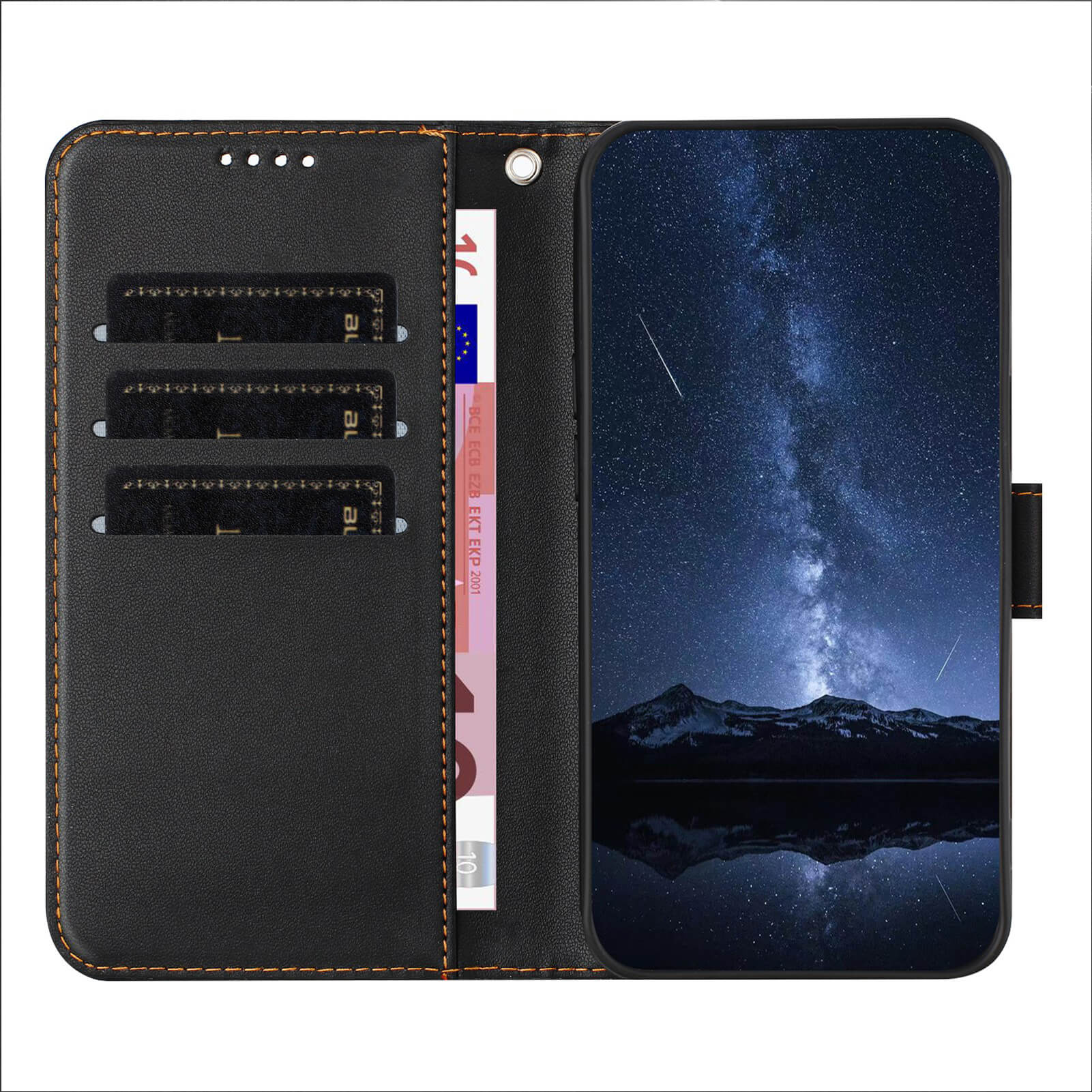 #farbe_schwarz|Neben der Cover-Discount iPhone 17 Air - Elegante Ledertasche, die einen nächtlichen Sternenhimmel zeigt, befindet sich eine Handyhülle mit Kartenfächern für Karten und Bargeld.
