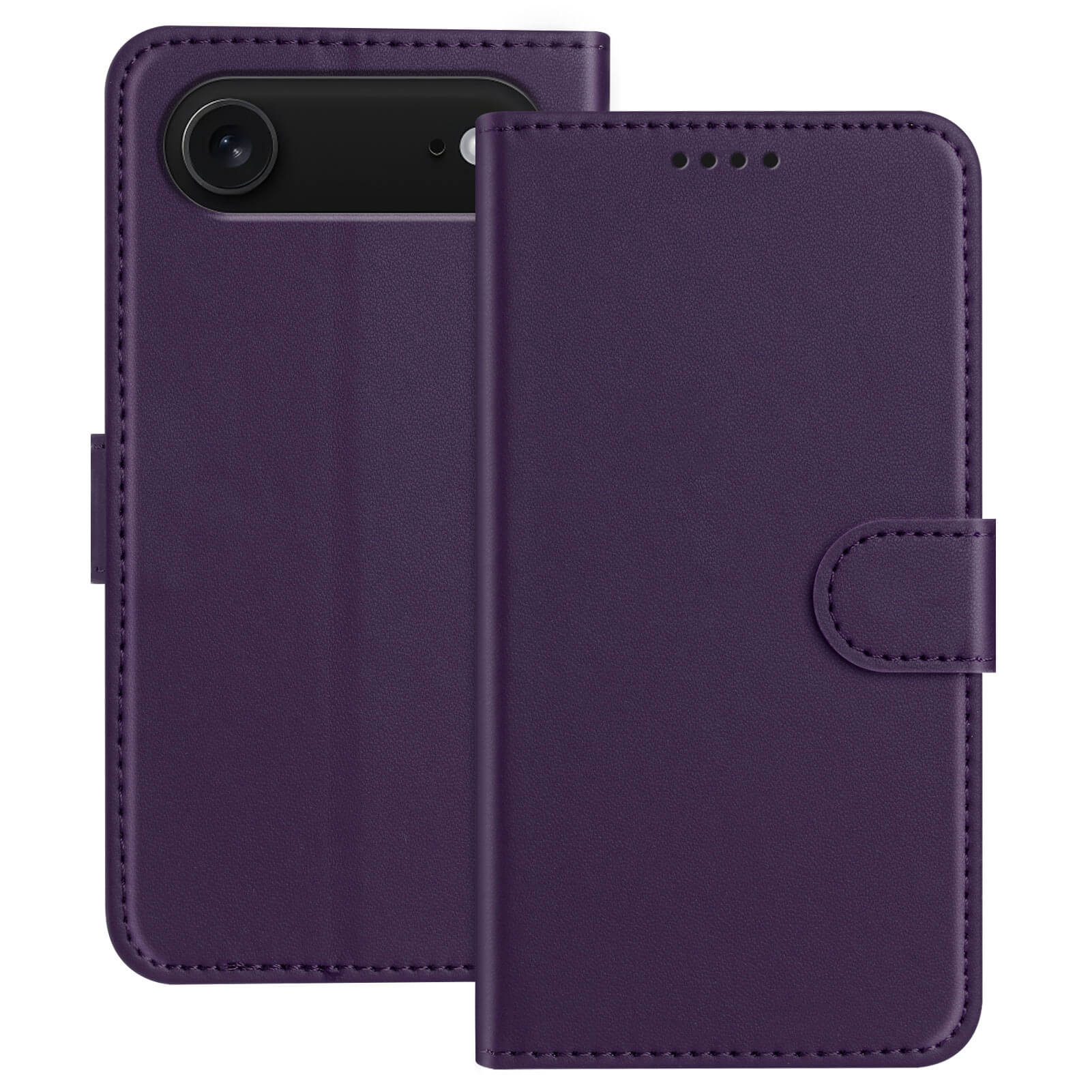 Die Cover-Discount iPhone 17 Air - Elegante Ledertasche in Lila verfügt über einen Magnetverschluss, Kameraausschnitt, Kartenfächer und Standfunktion für freihändiges Betrachten. Zur Verdeutlichung offen und geschlossen abgebildet.